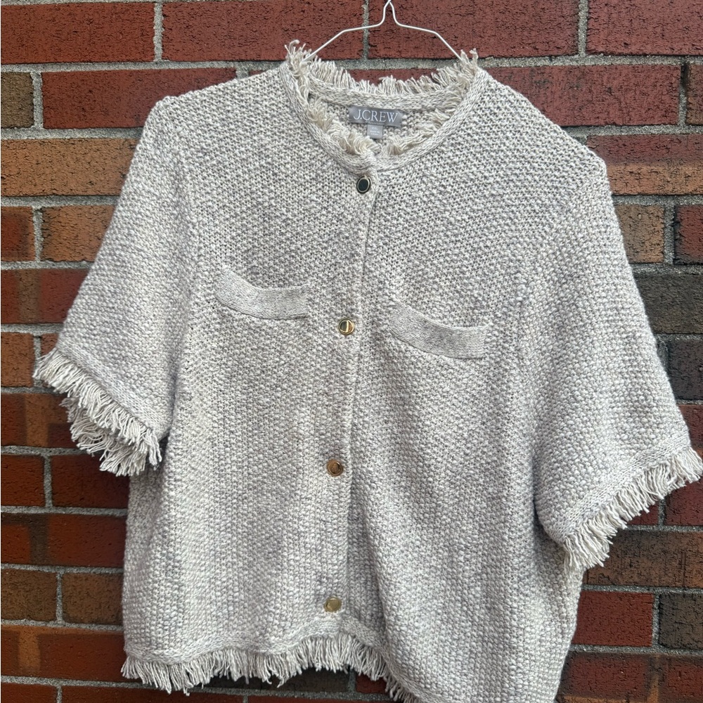 J. Crew Cream Fringe Short-Sleeve Cardigan Sweater